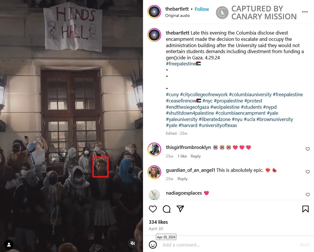 Cameron Jones is seen outside Columbia’s Hamilton Hall during its takeover by anti-Israel extremists—a major escalation in the encampment’s illegal and aggressive tactics.
